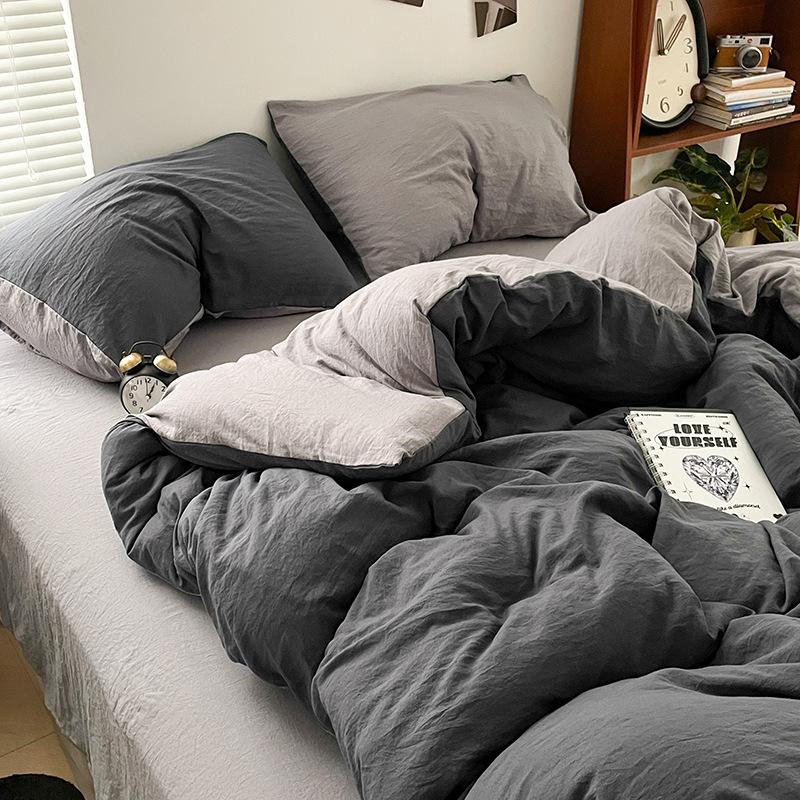 Super Soft Bed 4Pcs Set, Pure Washed Cotton Quilt Cover, Bed Sheet Full Quilt Cover, Bed Hat Student Three 4-Piece Set