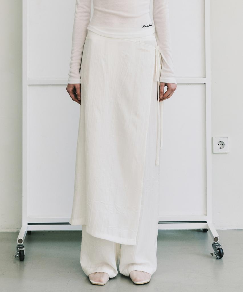 Nigaennikol Wrinkle Layered Wrap Skirt Pants_Ivory