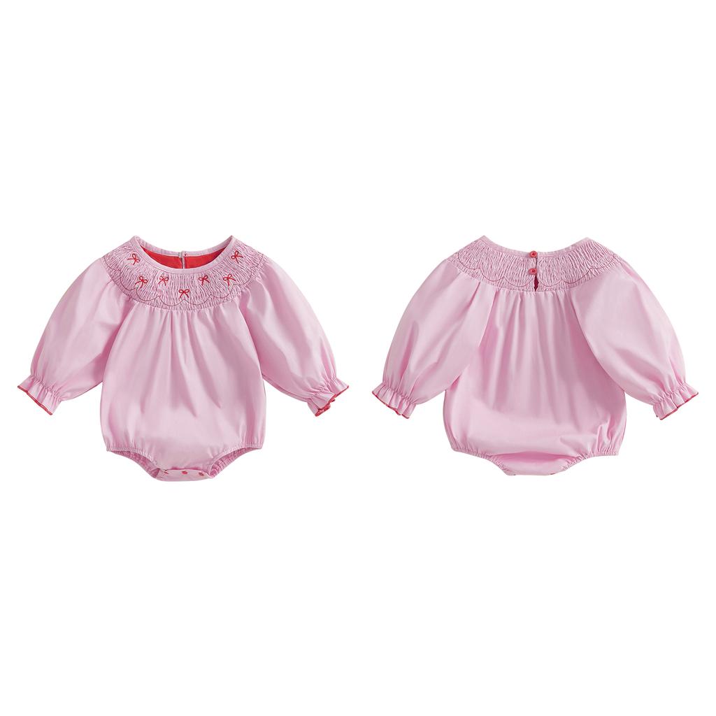 Toddler Baby Girl Smocked Romper Bow Embroidery Round Neck Long Sleeve Bubble Jumpsuit 