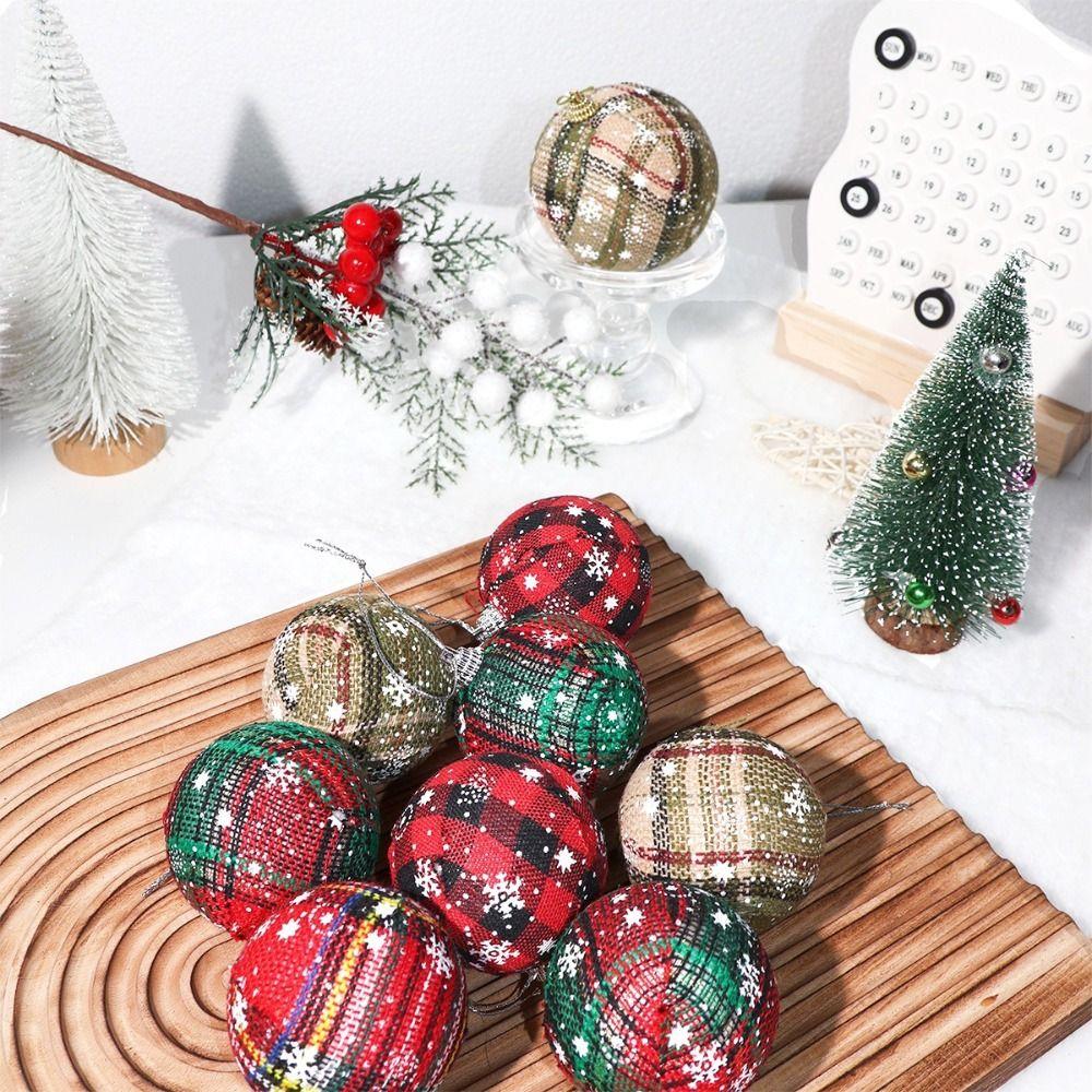 Fabric Plastic Christmas Ball Ornaments Plaid Pattern Snowflake Design Hanging Balls Decorative Hanging Vibrant Colored