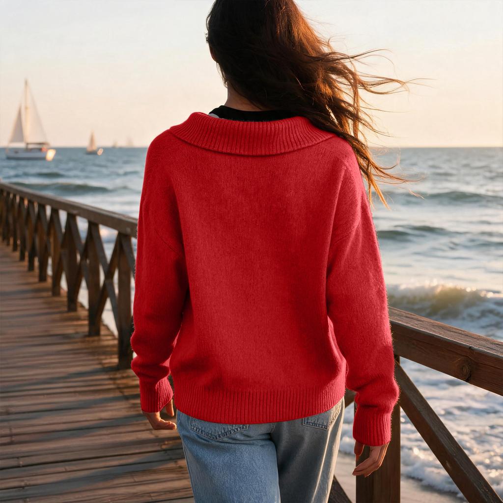 Women's Color Knit Cardigan Sweater with Long Sleeve and Button Lapel