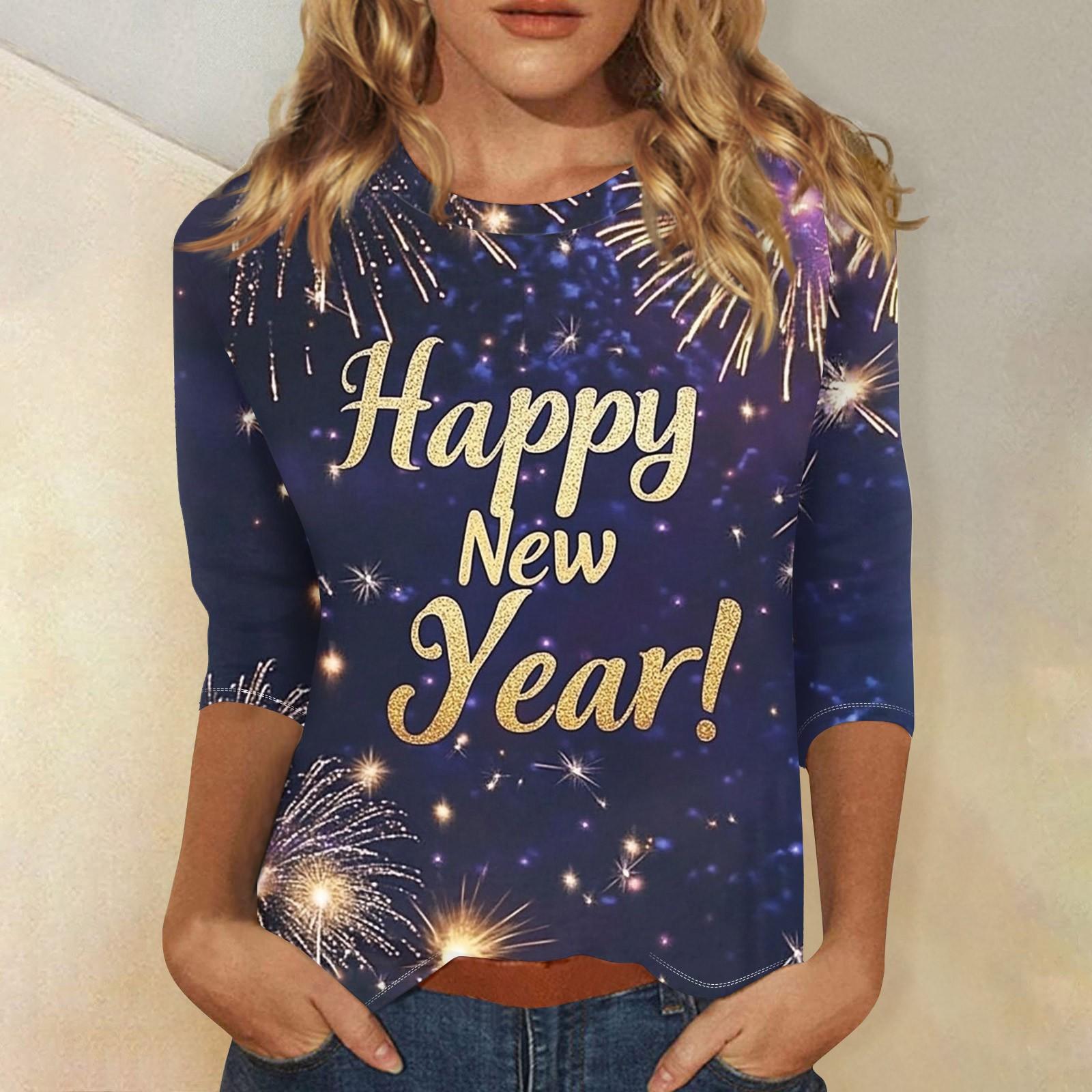 

Женская мода повседневная новогодняя принтованная круглая горловина с рукавом три четверти топ Новый год 2025 XXL