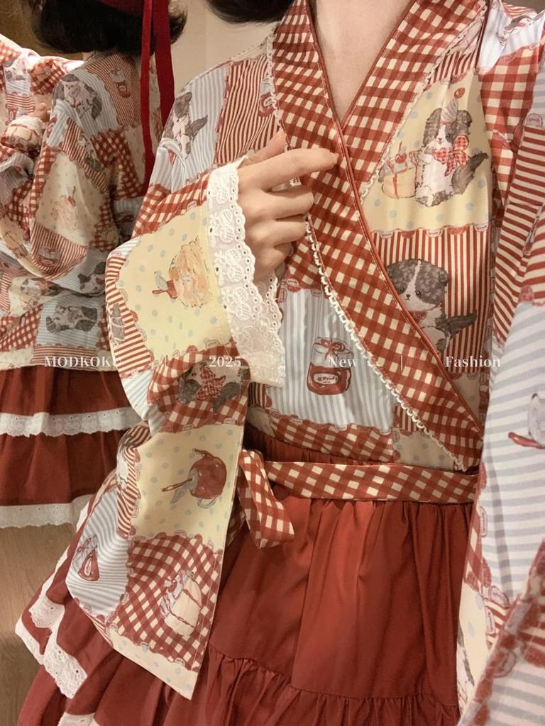 MODKOKU Lolita Maid Kimono Yukata with and Cherry Long and Long Girly Dreamy Mori Size XL Women's Dress, Checkered, Dog, Prints, Sleeves, Haori,