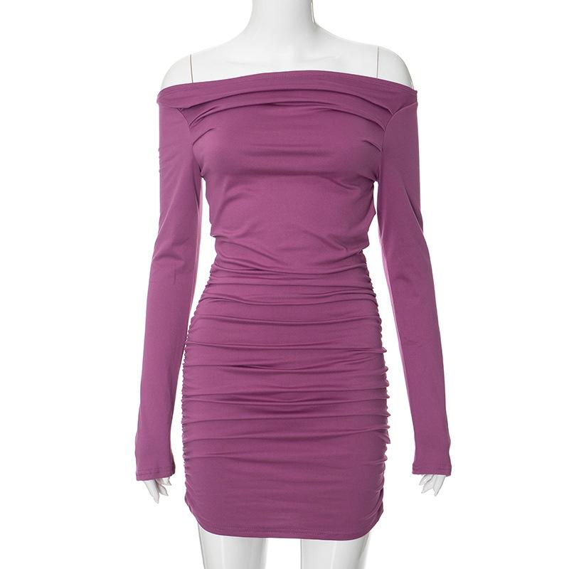 YYFS Women's Fashion Spring Autumn Solid Color Print Long Sleeve One Shoulder High Waist Casual Dresses