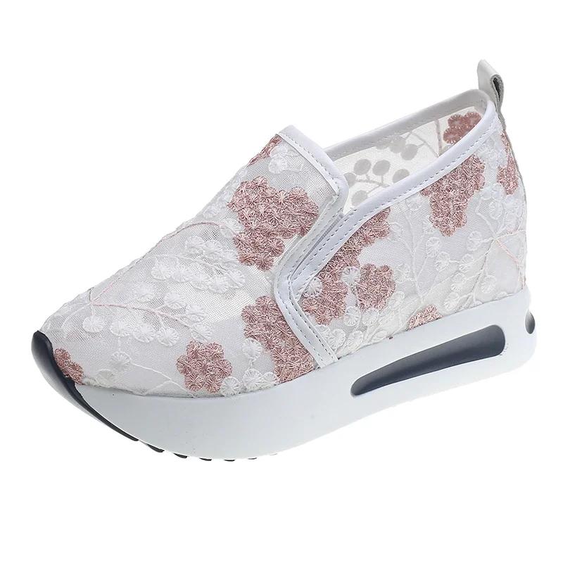 Fashion Flower Embroidery Platform Sneakers for Women Sli On Breathable Mesh Casual Shoes Woman Spring Summer Thick Sole Loafers Female