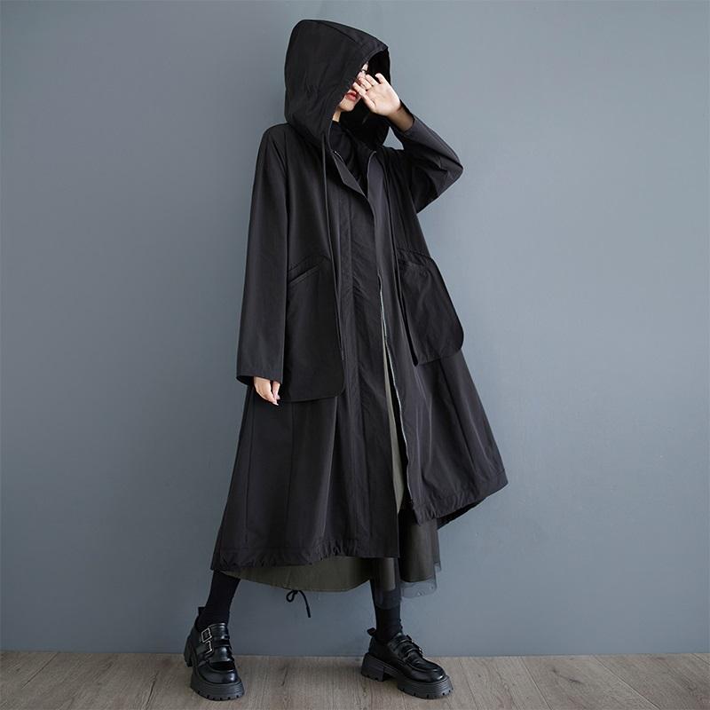 Long Sleeve Oversized Vintage Black Hooded Casual Loose Autumn Spring Trench Coat for Women Outerwear