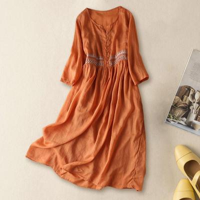 Cotton Casual Dress Elegant Ethnic Embroidered Midi Dress with High Waist Double Layers Women's Spring Summer A-line Dress