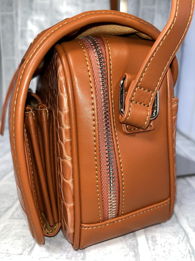 Italian Leather Crocodile Embossed Shoulder Bag with Flap LPR15 (Orange Brown) Travel Shoulder Bag