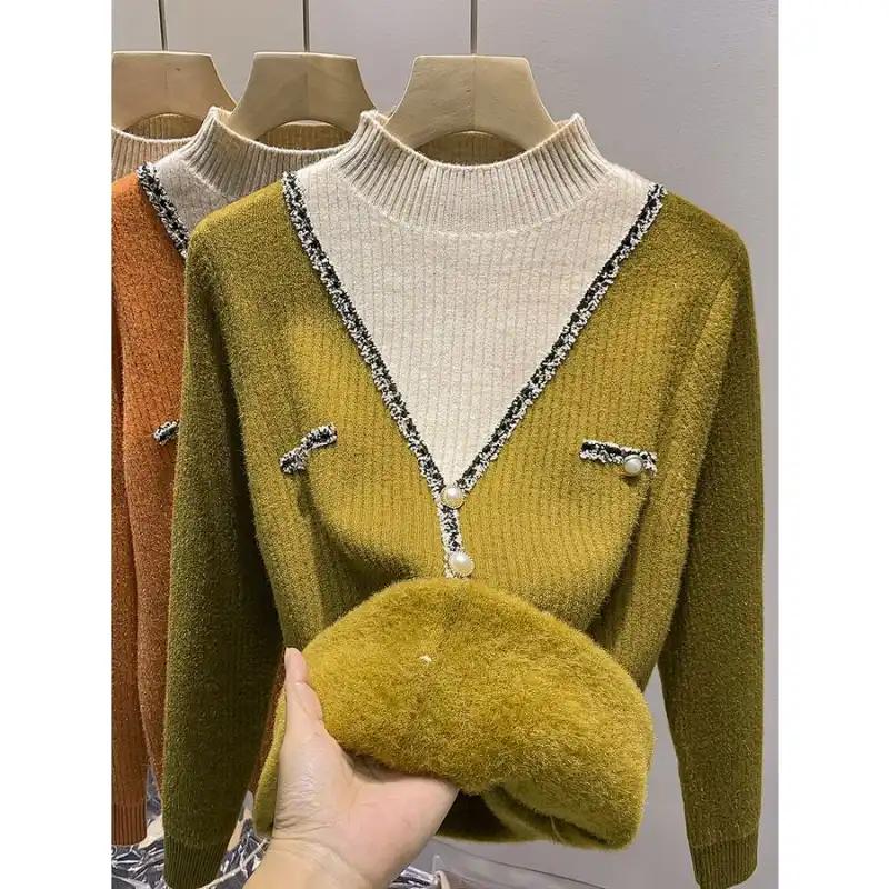 Pullover für Damen Herbst Winter Verdickter Pullover Warm Gestrickt Gestreift Basisschicht Dehnbar Langarm Oversize Jumper Tops