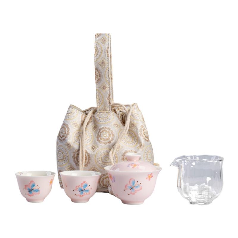 

Hand-painted Butterfly Travel Tea Set Kit Zen 1 Pot 2 Cups Household Tea Maker Organizer Portable Camping Handbag Ornaments Gift