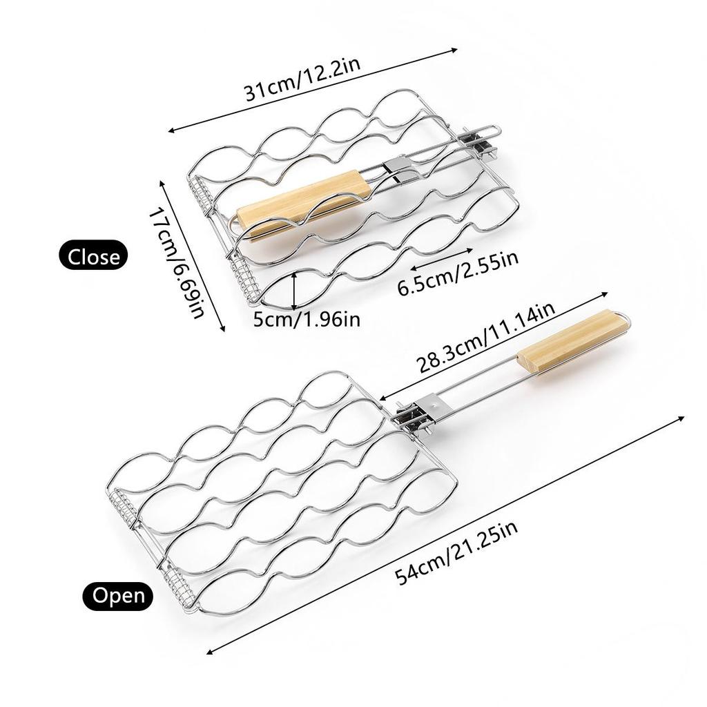 Spot Removable Non-Stick BBQ Grill Rack with Wooden Handle for Sausage, Fish, and Corn