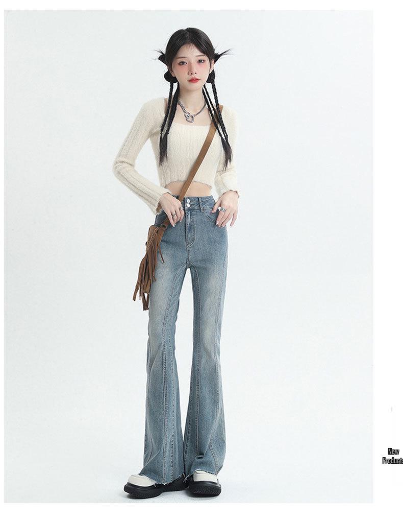 Women's High Waist Vintage Micro-Flare Jeans - Elastic, Raw Hem, Double Button, Retro Bell Bottom.
