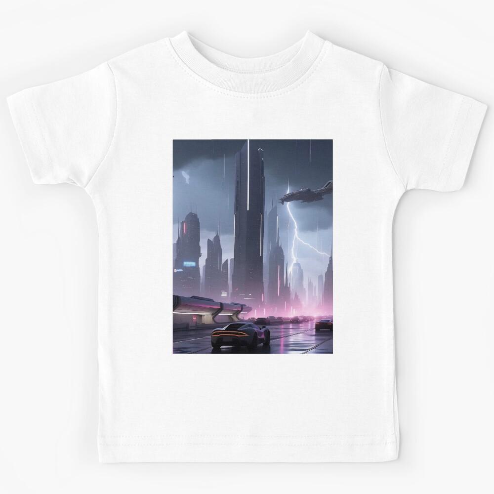 Futuristic cityscape, rain, flying ships, neon lights Kids T-Shirt 120
