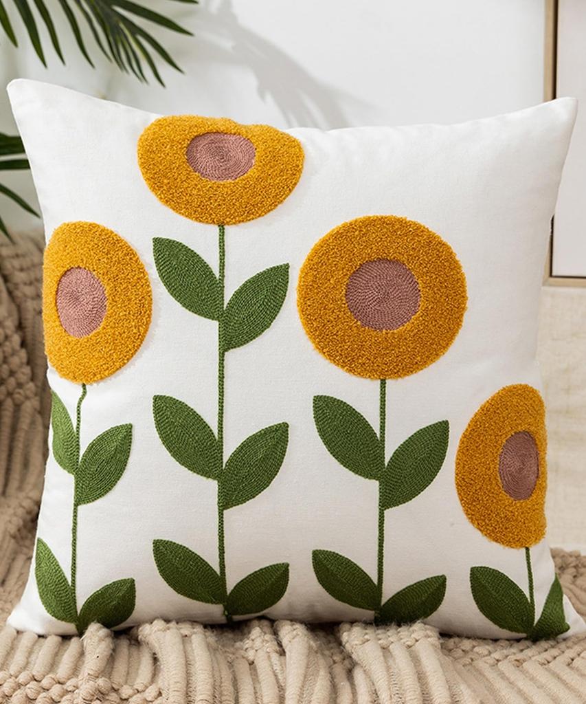 Stylish Embroidered Cushion Cover for Living Room or Botanical Elegant Cushion Cover with 3D Embroidery Bedroom, Floral, Nordic, Natural, 45x45cm,