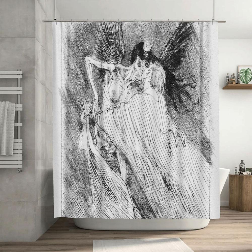 Vintage Black and White Sketch Bathroom Shower Curtain Set Rustic Farmhouse Decor Artistic Washroom Backdrop Liner