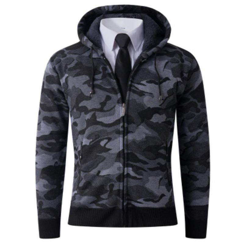 Pánský sametový pletený svetr maskáčový potisk bunda s kapucí zapínání na zip top