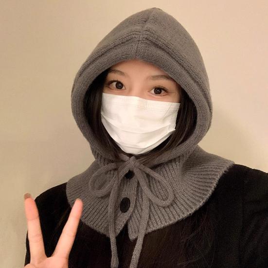 Huvförsedd halsduk mössa enfärgad justerbar dragsko överdragströja mössa knappar stängning stickad vintermössa lös passform halsvärmare