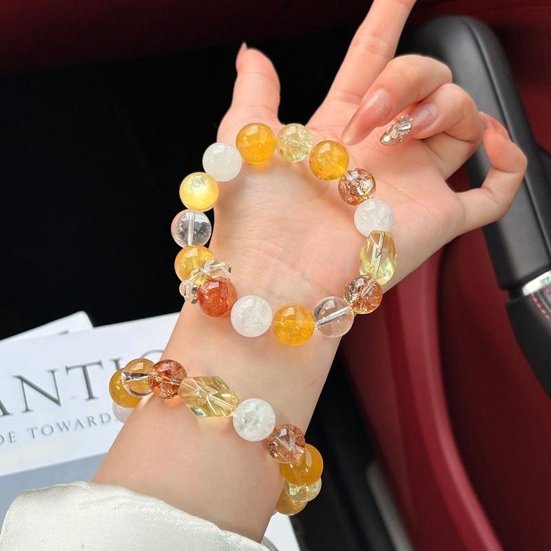 Handmade French Style Bracelet Women With Natural Yellow Fluorite Gold Foil Resin Flower Lemon Quartz Beads 12mm