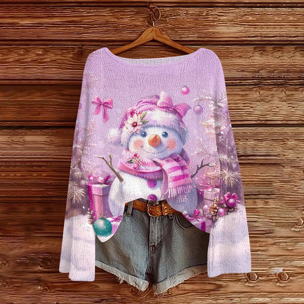 Women's Fashion Christmas Print Lightweight Sweater Casual Long-Sleeve Knit Pullover Top