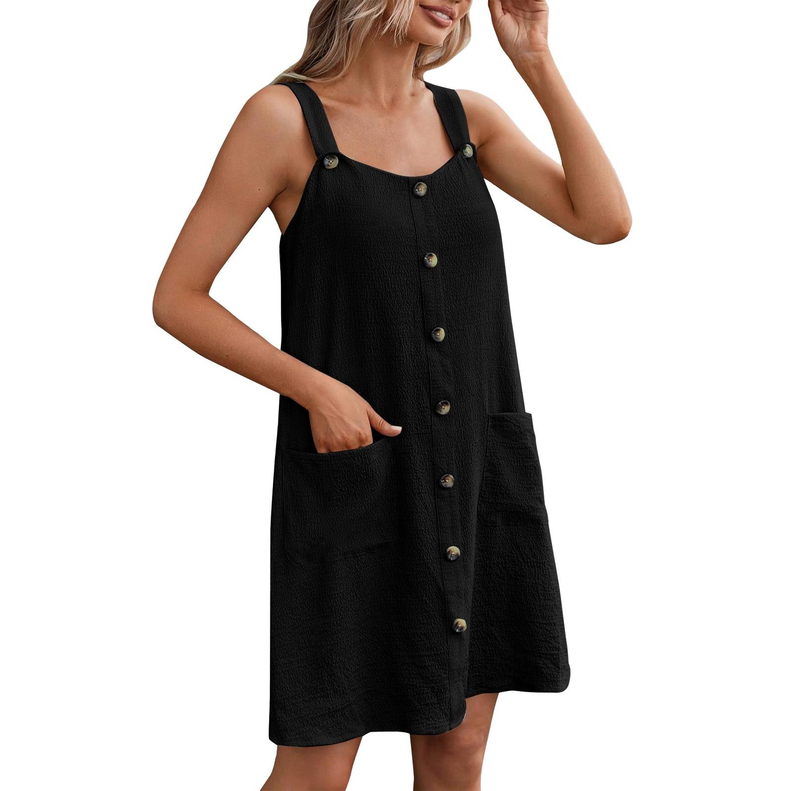 

Женская мода, пуговицы спереди, прямой подол, карман и нашивка, свободные короткие платья-жилеты XL чёрный