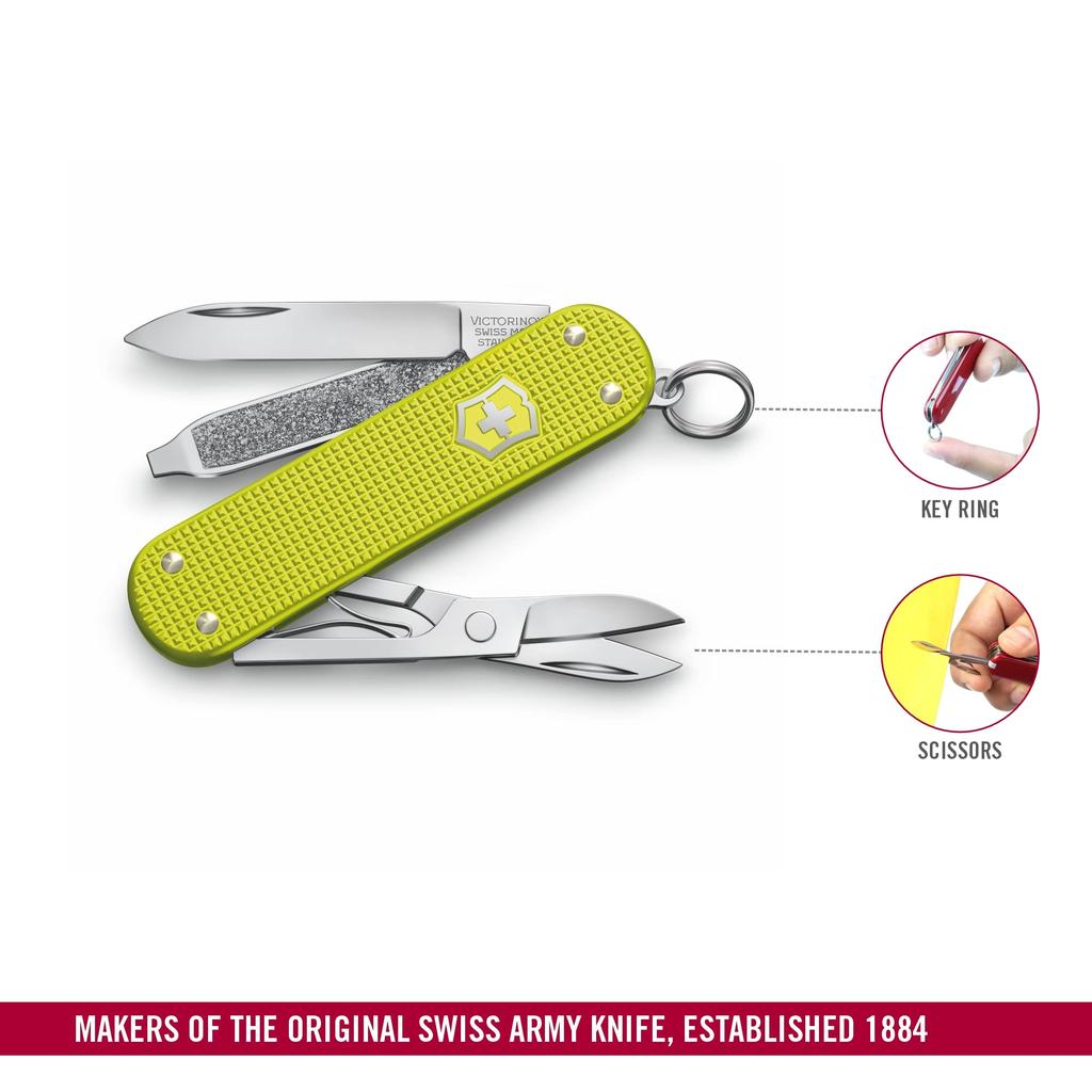 Victorinox Classic SD ALOX Limitovaná edice 2023 Elektrická žlutá Multifunkční nůž, venkovní nůžky, plochý šroubovák, pilník na nehty, švýcarské výroby