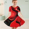 Girls Round Neck Short Sleeve Red Black Printed A Line Flared Dress