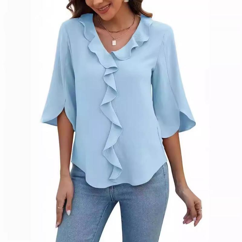 Women's Ruffled V-Neck Shirt Bell-Sleeve Blouse
