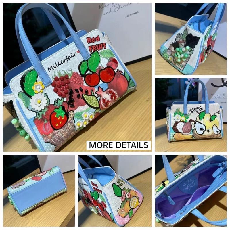 High-end PU Leather Women's Handbag Practical Front Back Two-side Use Ladies Crossbody Bag Fashion Splicing Fresh Sweet Fruit Embroidery Messenger Bag