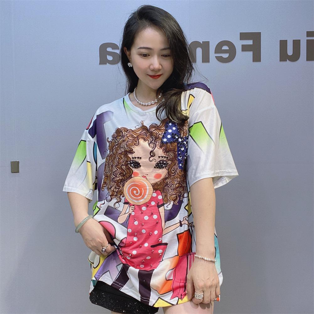 Colorful Fashion Printed T Shirts Women Summer Clothes Casual Cartoon Girl Diamonds Beading Short Sleeve Tops Tee