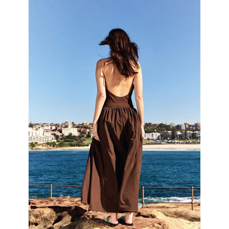 Muses Restricted Area French Style Design Sense V-neck Sexy Backless Drawstring Skirt Waist Hugging Slimming Vacation Hanging Neck Dress