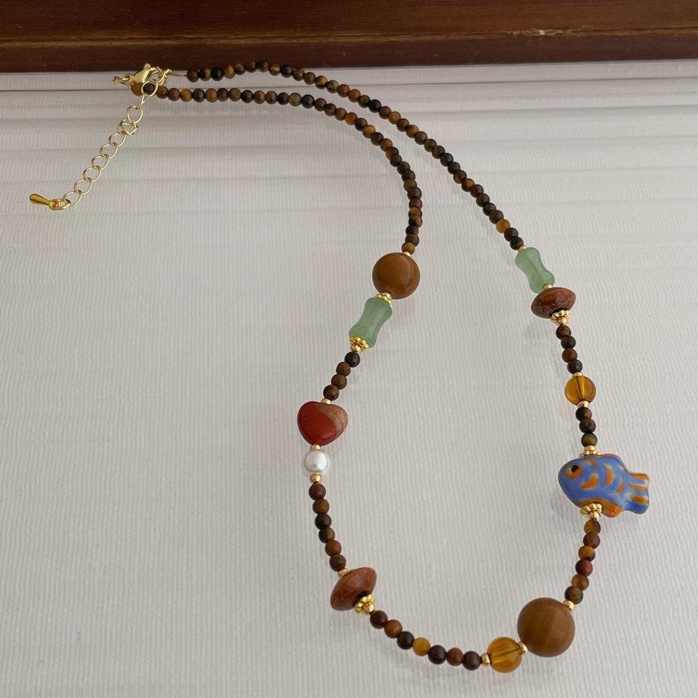 Vintage Ethnic Vibrant Natural Stone Tiger Eye Asymmetric Beads Fish Beaded Necklace For Women Gold Plated Chain Strand Chokers