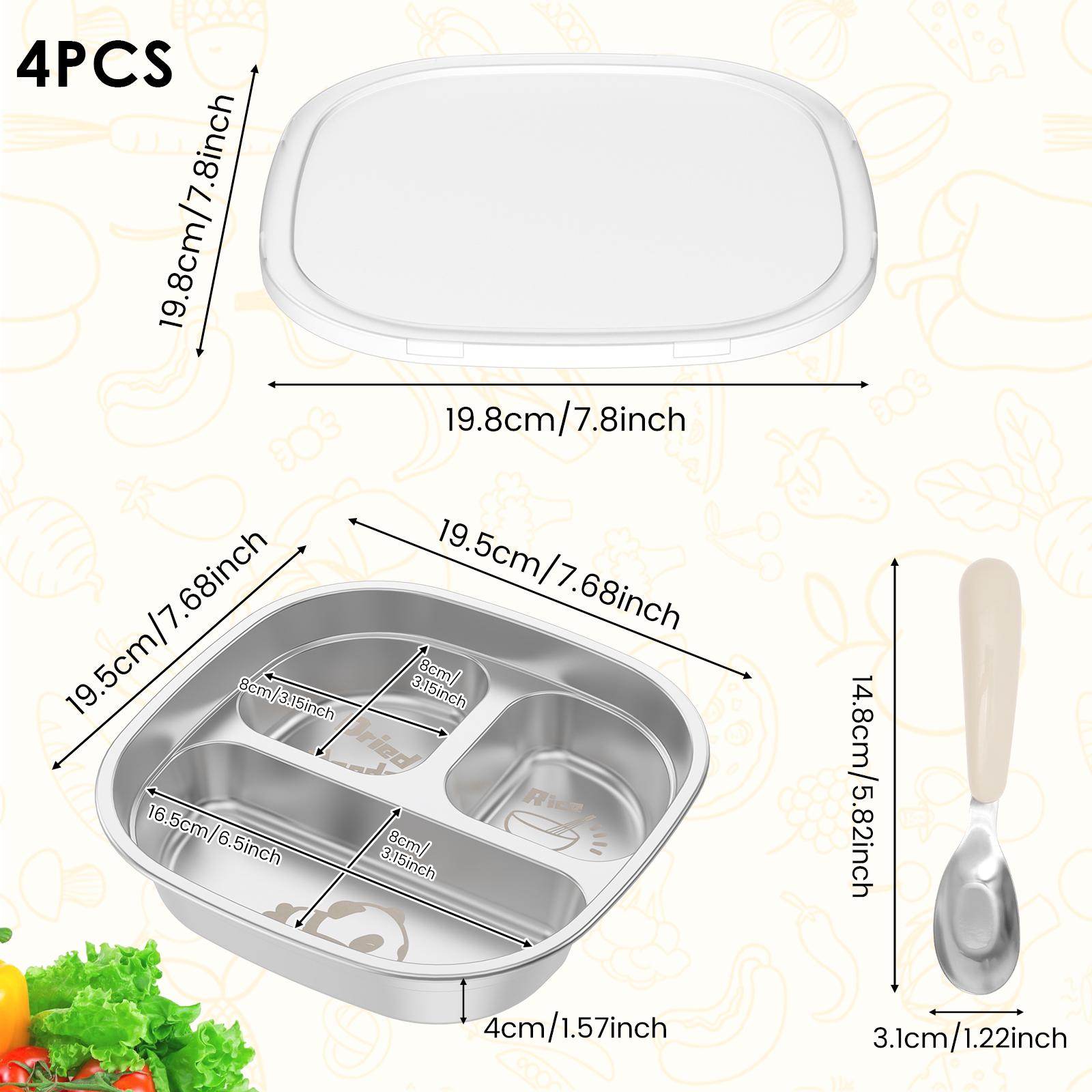 2/4 Pcs Lunch Box Stainless Steel Kids Plate 3 Compartment Portion Control Trays Toddlers Food Containers for Home Picnic School