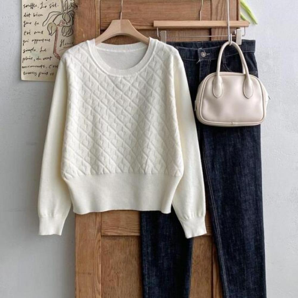New Arrivals Open Run Diamond PaTTern Round Neck Plain KniT Ribbed T shirT