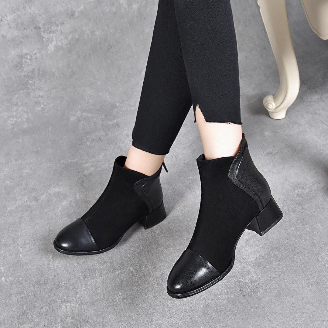 

Короткие ботинки Женские ботинки-рыцари Кожаные ботинки Толстый каблук Задняя молния Модные ботинки Овчина Узкие ботинки 40