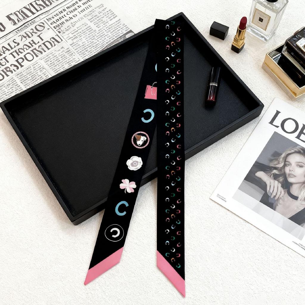 Heavy twill silk scarf, small fragrance style, long strip, thin tie bag, ribbon decorative streamer, neck band, hair band double C