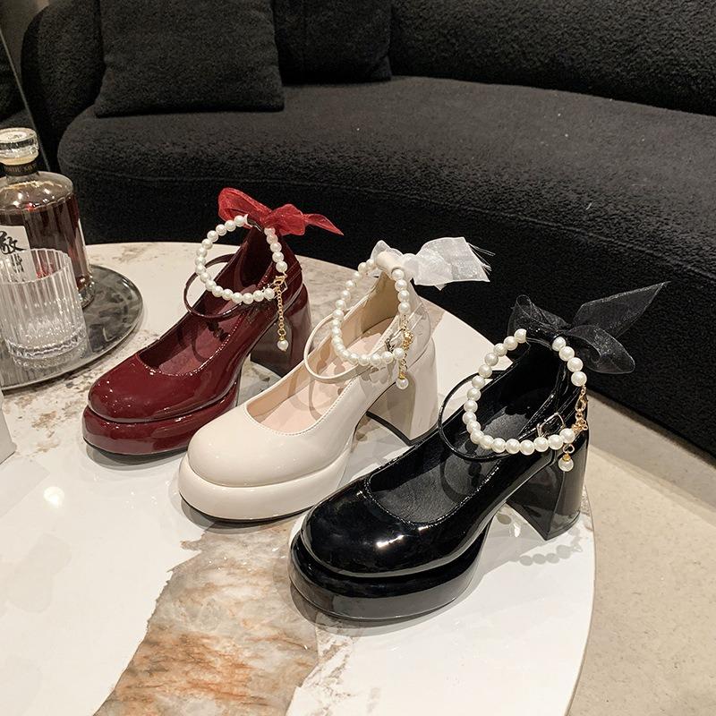 Bow Bead Mary Jane Shoes Pearl Chain Luxury Shoes for Women Coarse Order Platform Shoes Lolita White High Heels Zapatos De Mujer