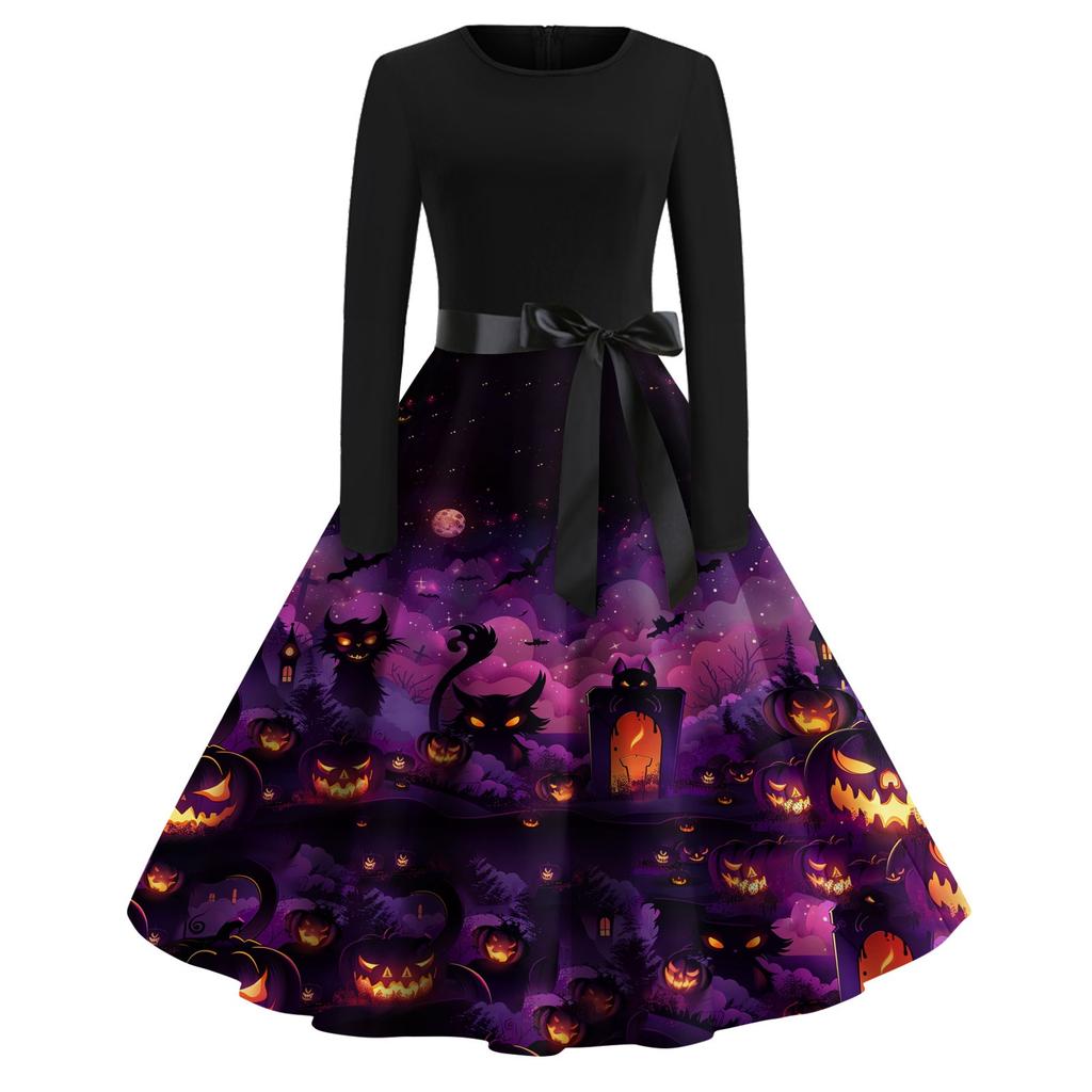 Dámské módní šaty s V-výstřihem, ležérního střihu, slim fit, s halloweenským potiskem, s dlouhým rukávem