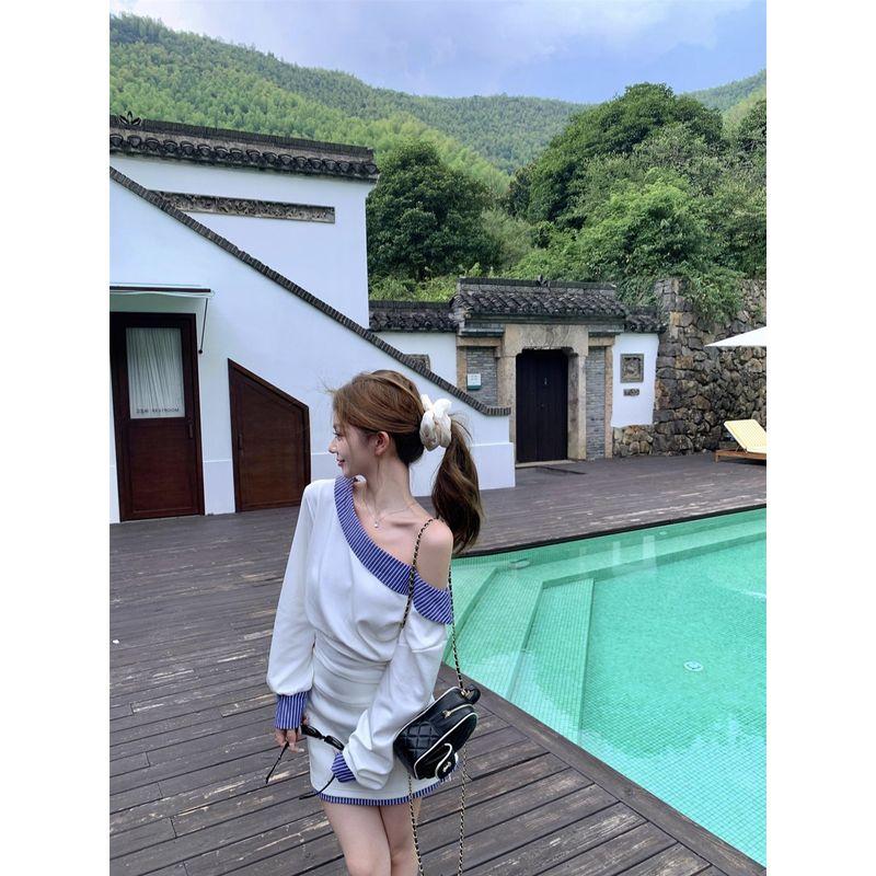 Kumikumi Pure Desire Style Suit Oblique Shoulder Temperament Long Sleeve Sweatshirt Female Autumn High Waist Slimming Skirt Two-piece Set