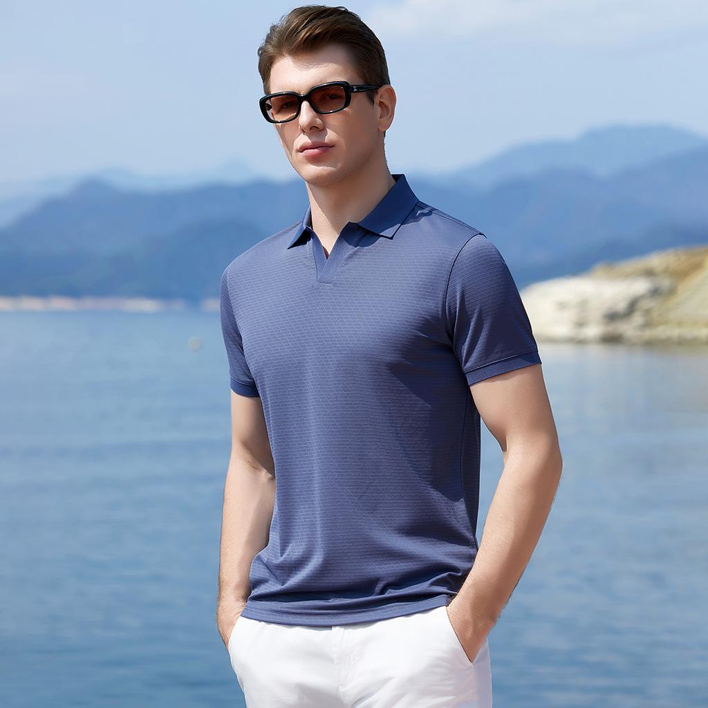 Men's Jacquard Bead Solid Color Collar Short Sleeve Polo Shirt