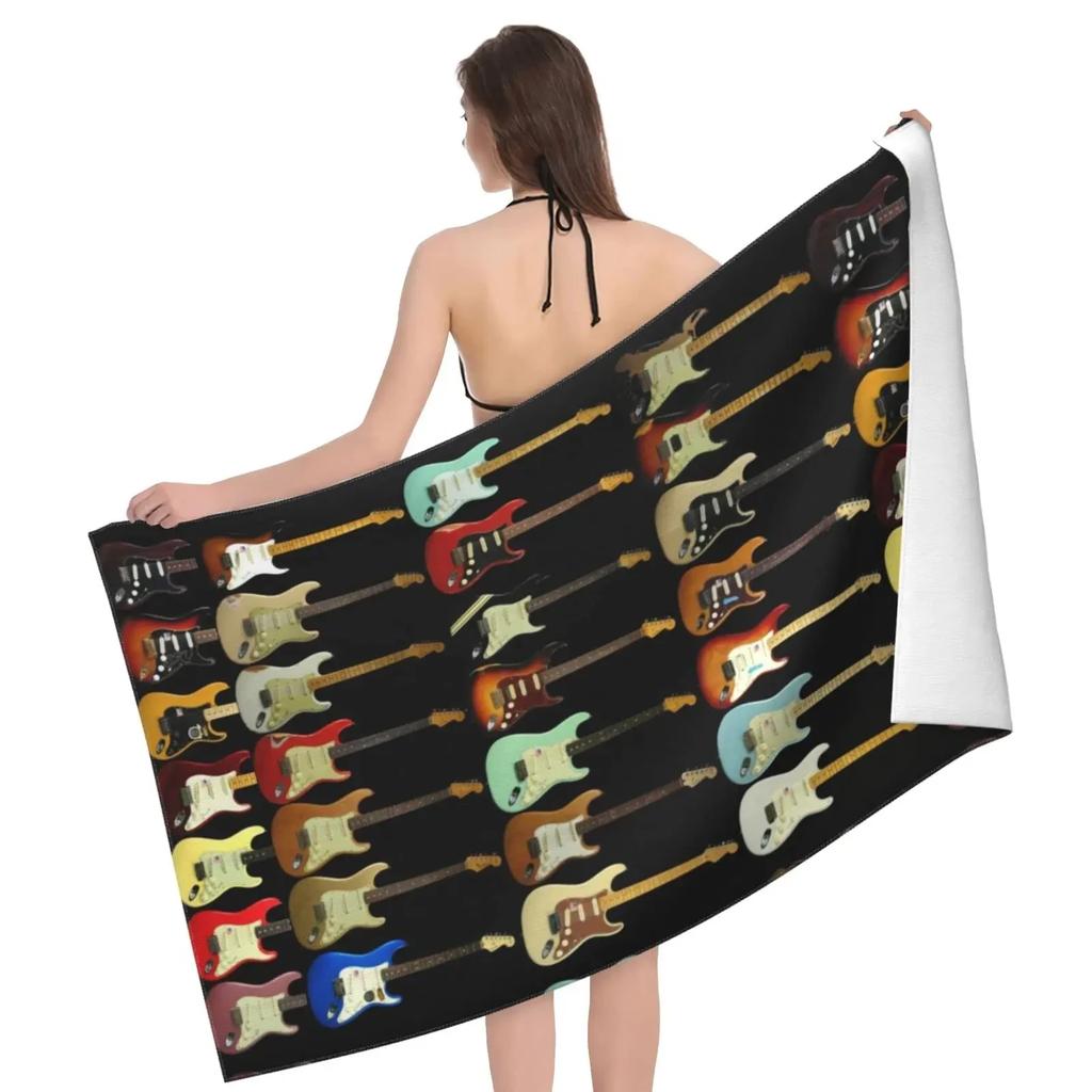 Vintage Guitar Pattern Print Beach Towel Sand Free Quick Dry Absorbent Music Theme Bath Towel For Pool Swimming Bathroom Beach