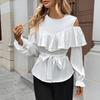 Womens Cold Shoulder Ruffle Trim Blouse Tie Waist Curved Hem Long Sleeve Shirts Casual Slim Fit Crew Neck Solid Tops