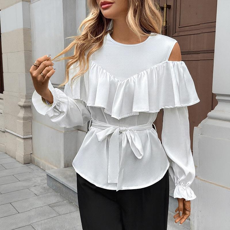 Womens Cold Shoulder Ruffle Trim Blouse Tie Waist Curved Hem Long Sleeve Shirts Casual Slim Fit Crew Neck Solid Tops