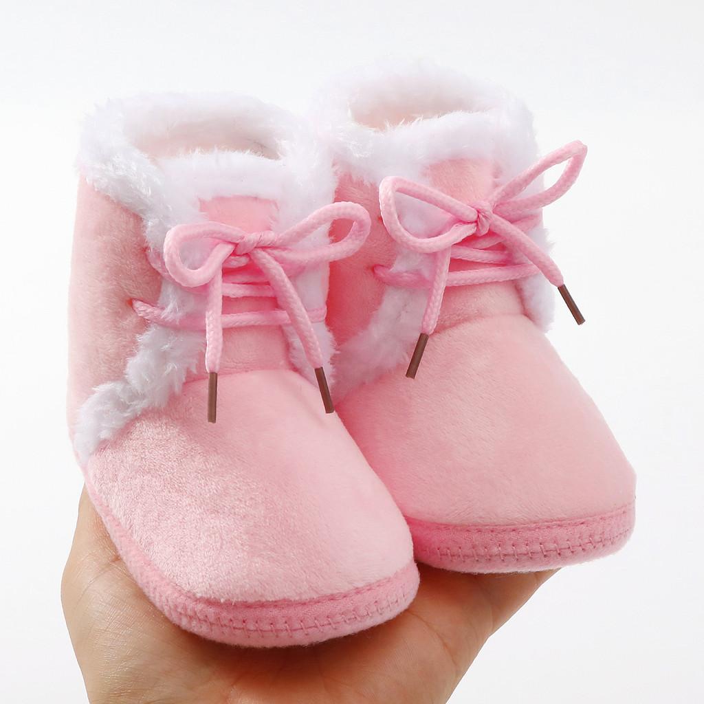 Baby Girl Booties with Bow Plush Non-Slip Sole First Walkers Warm Color-Block Shoes for Infant 0-12 Months