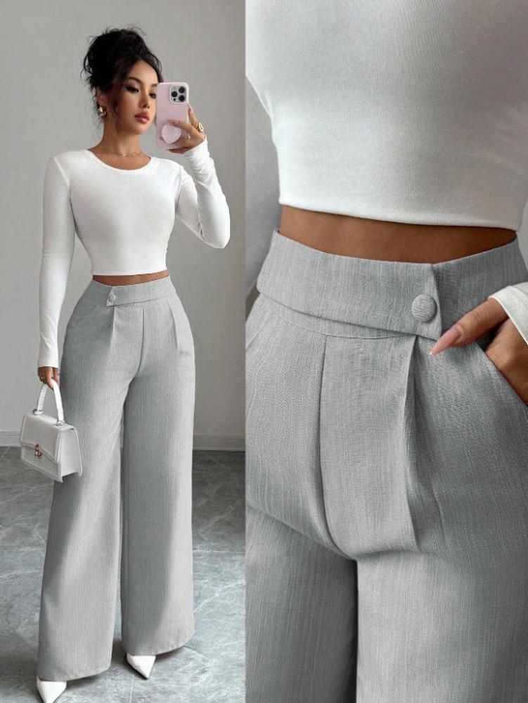 2026 Spring Autumn Wide Leg Pants Spliced Button Decor High Waist Casual Loose Long Pants for Women Solid Color Office Simple Elegant Trousers