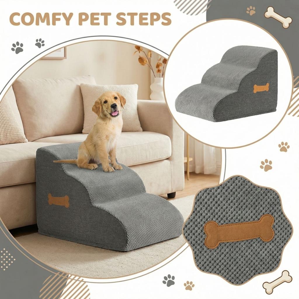 2/3/4-Step Dog Stairs Ramp,  Dog Steps for High Bed Couch Sofa Climbing, 35D Foam Pet Steps for Small Dogs and Cats