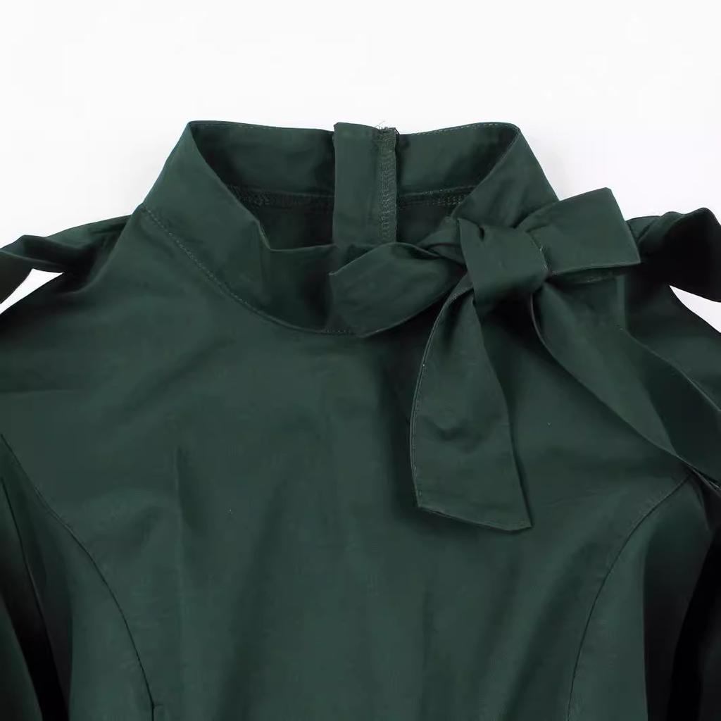 GMXIA Elegantní jednobarevné vintage společenské šaty s mašlí ke krku a středním rukávem