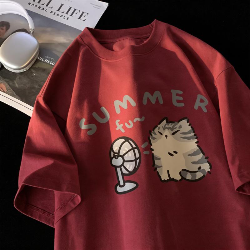 Korean Fashion Street Creative Blow Fan Cat Printing Tshirt for Women Summer Comfortable Short Sleeve Graphic Couple Clothes