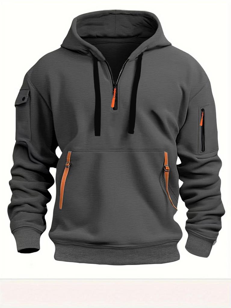 European Men's Fleece-Lined Hooded Jacket with Multi-Zipper Pockets for Autumn/Winter