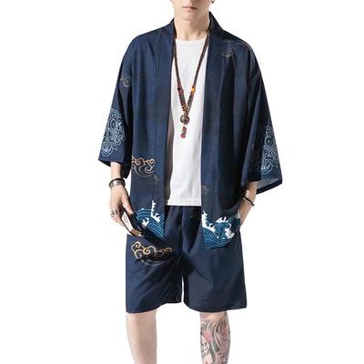 Trysimple Jinbei Curto e Este conjunto de verão é perfeito para fogos de artifício e As características incluem e padrões de ondas Conjunto Masculino, Haori, Samue, Cardigã, Mangas,
