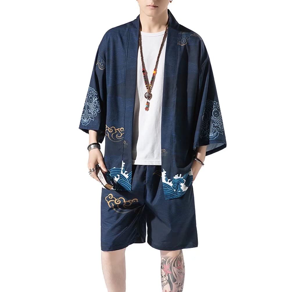 Trysimple Jinbei Short and This Summer Set Is Perfect for Fireworks and Features Include and Wave Patterns Men's Set, Haori, Samue, Cardigan, Sleeves,